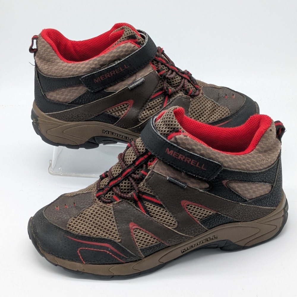 Merrell Hilltop Mid Quick Close Waterproof Boys 5M Brown Red Hiking Boots